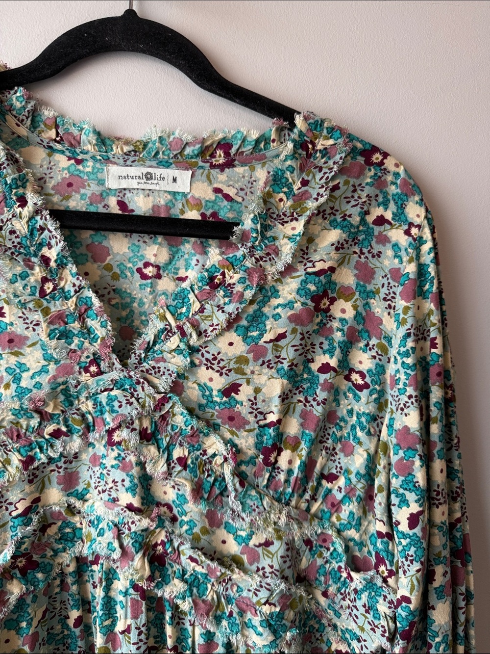 NATURAL LIFE Teal Merlot OliveFloral Ruffle Long Sleeve Dress medium fringe